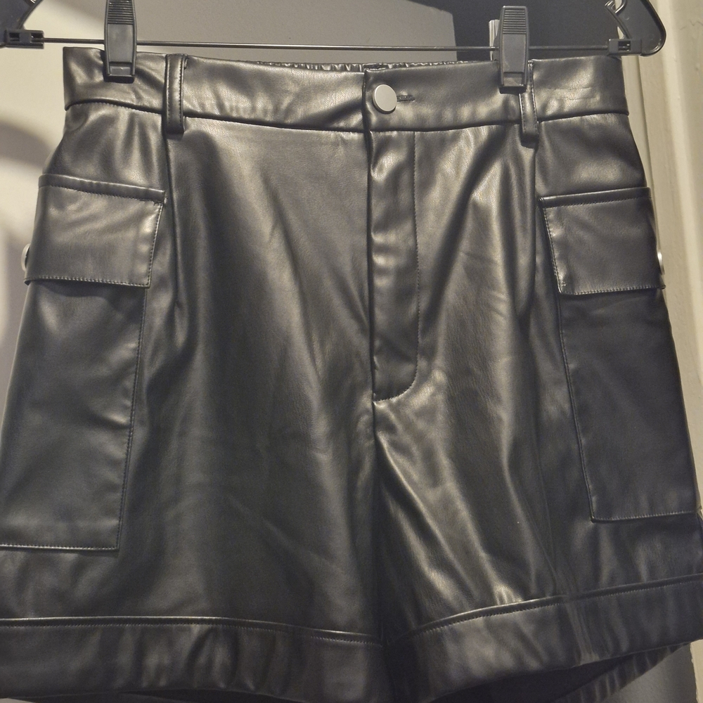Women's Black Faux Leather Cargo Shorts